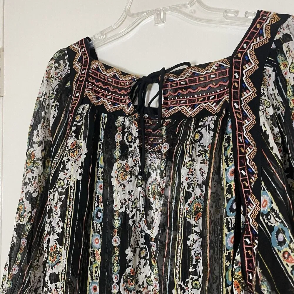 Free People Dance Magic Boho Black Sheer Embroidered floral Tunic Dress Small